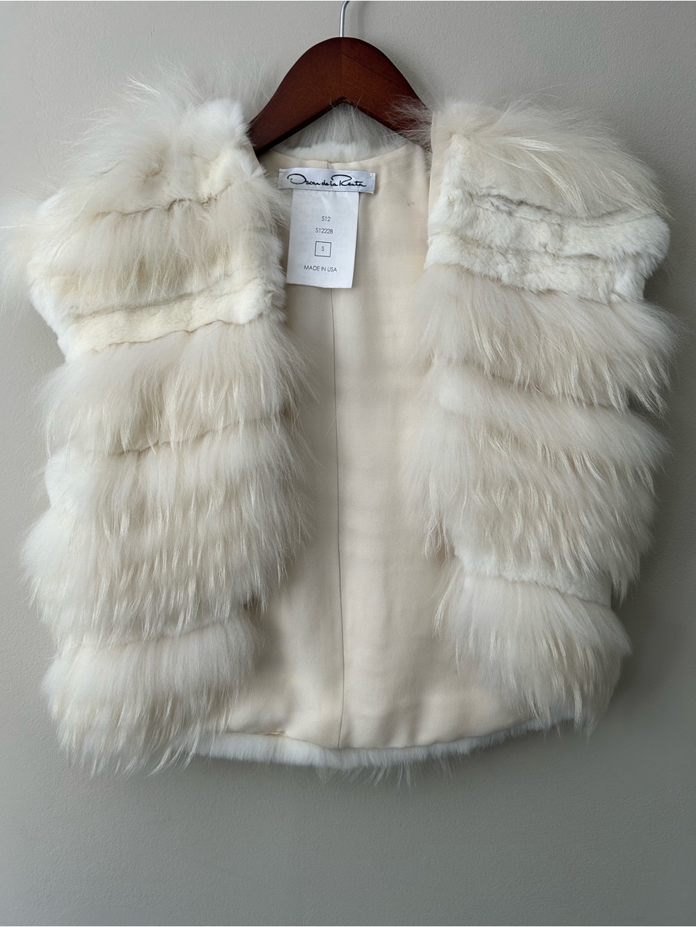 Oscar de la Renta Ivory Real Rex Rabbit Fur Raccoon Trim Vest Silk Lined S